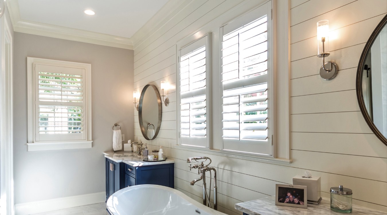 Las Vegas bathroom with white plantation shutters.