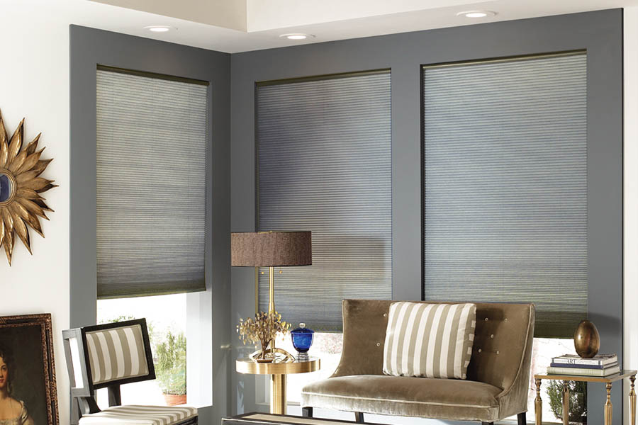 Gray cellular shades in a corner of a stylish living room.