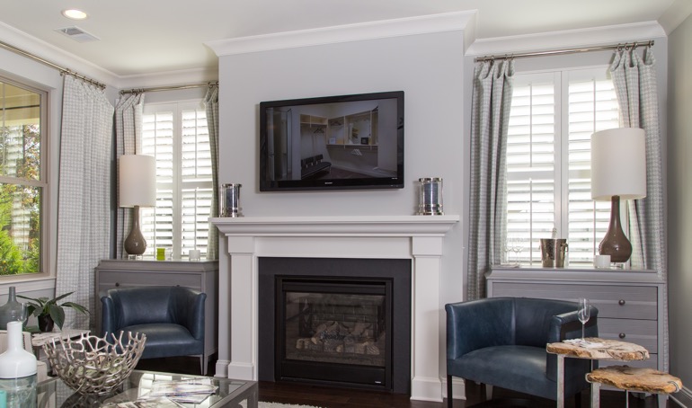 With the proper work, your fireplace can take a rest this winter. Las Vegas mantle with plantation shutters.