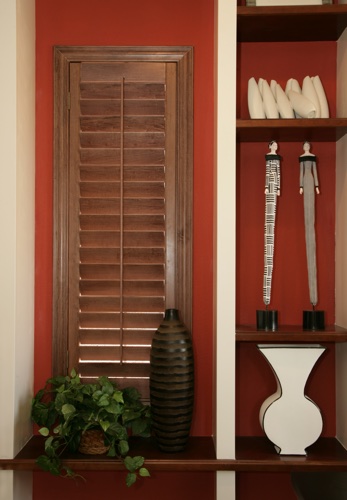 You can even coordinate your wood shutters with shelving. Las Vegas wood shutter shelving