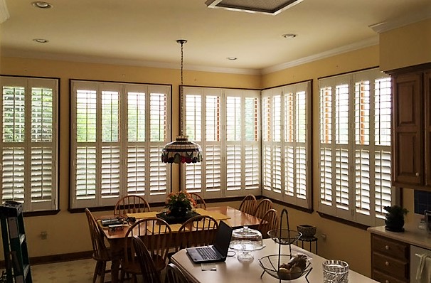 Polywood plantation shutters work well on big windows. Plantation shutters in kitchen