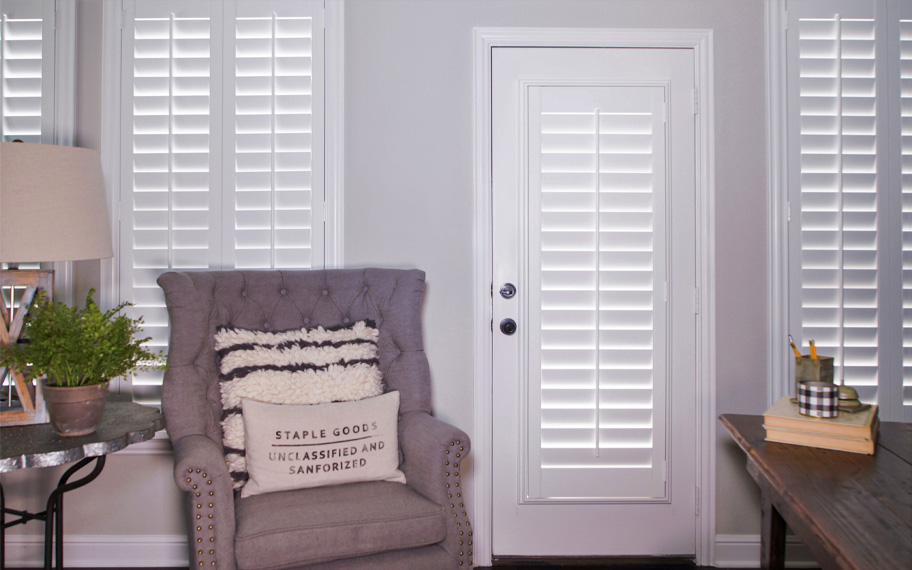 Interior shutters are beautiful and durable window treatments for glass doors in Las Vegas. Polywood shutters on a door