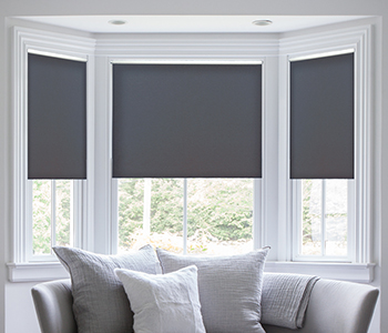 Shades Dark gray shades within bay windows and above a window seat
