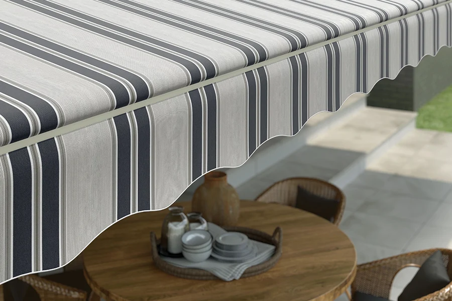 Close-up view of a striped awning over a patio